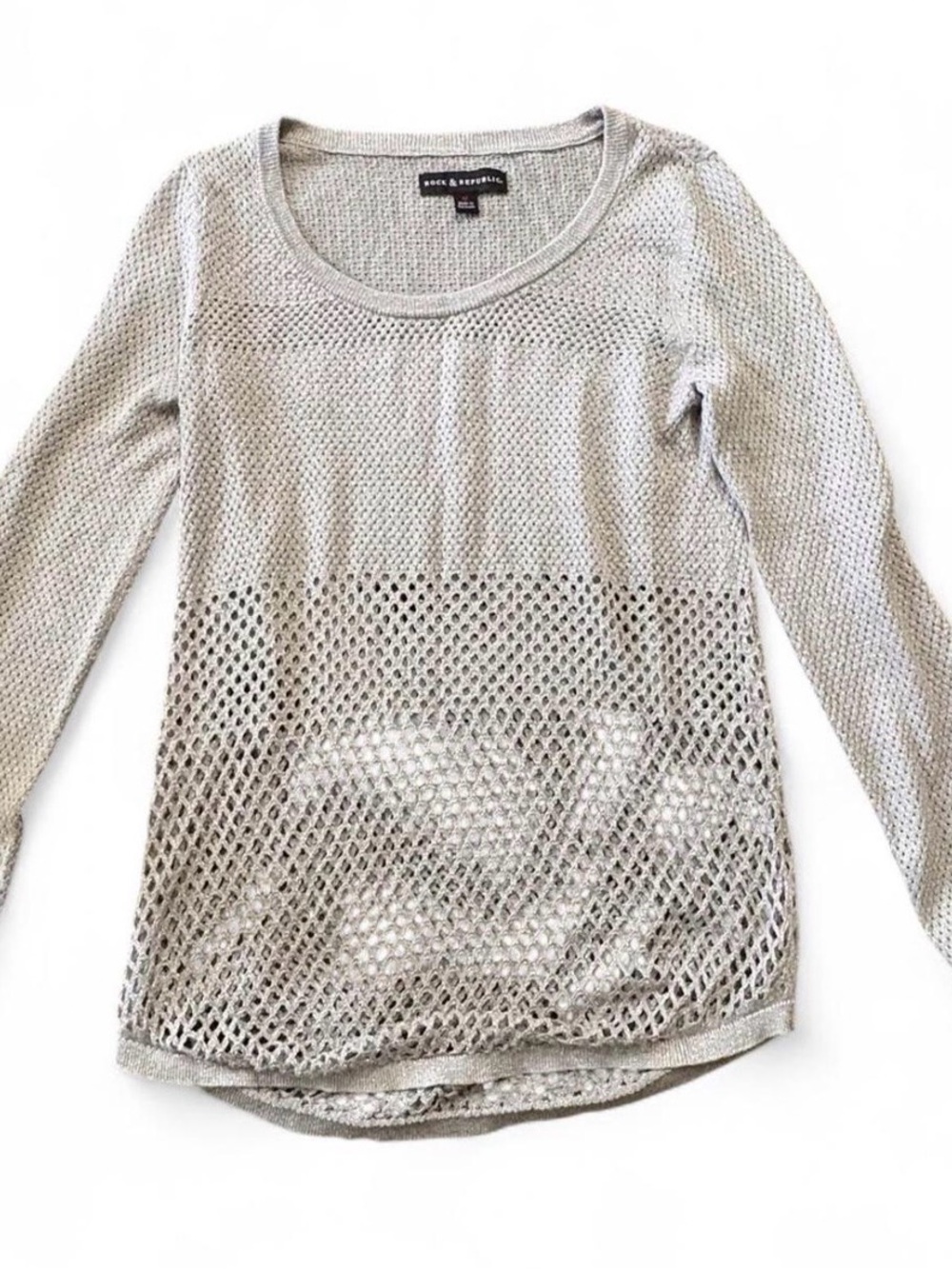 Rock & Republic Silver Open-Weave Long Sleeve Top